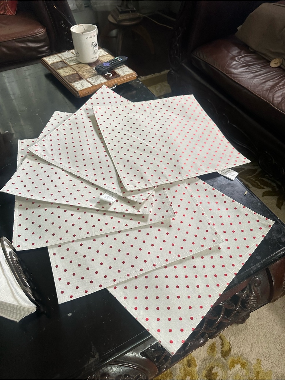 Package of 6 White  Placemat with Red Polkadots